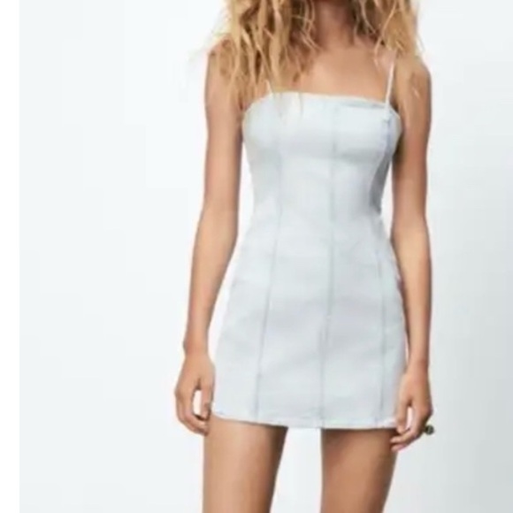 ZARA Denim Mini Dress Light Blue Spaghetti  Straps Side Zipper Size M - Picture 5 of 11